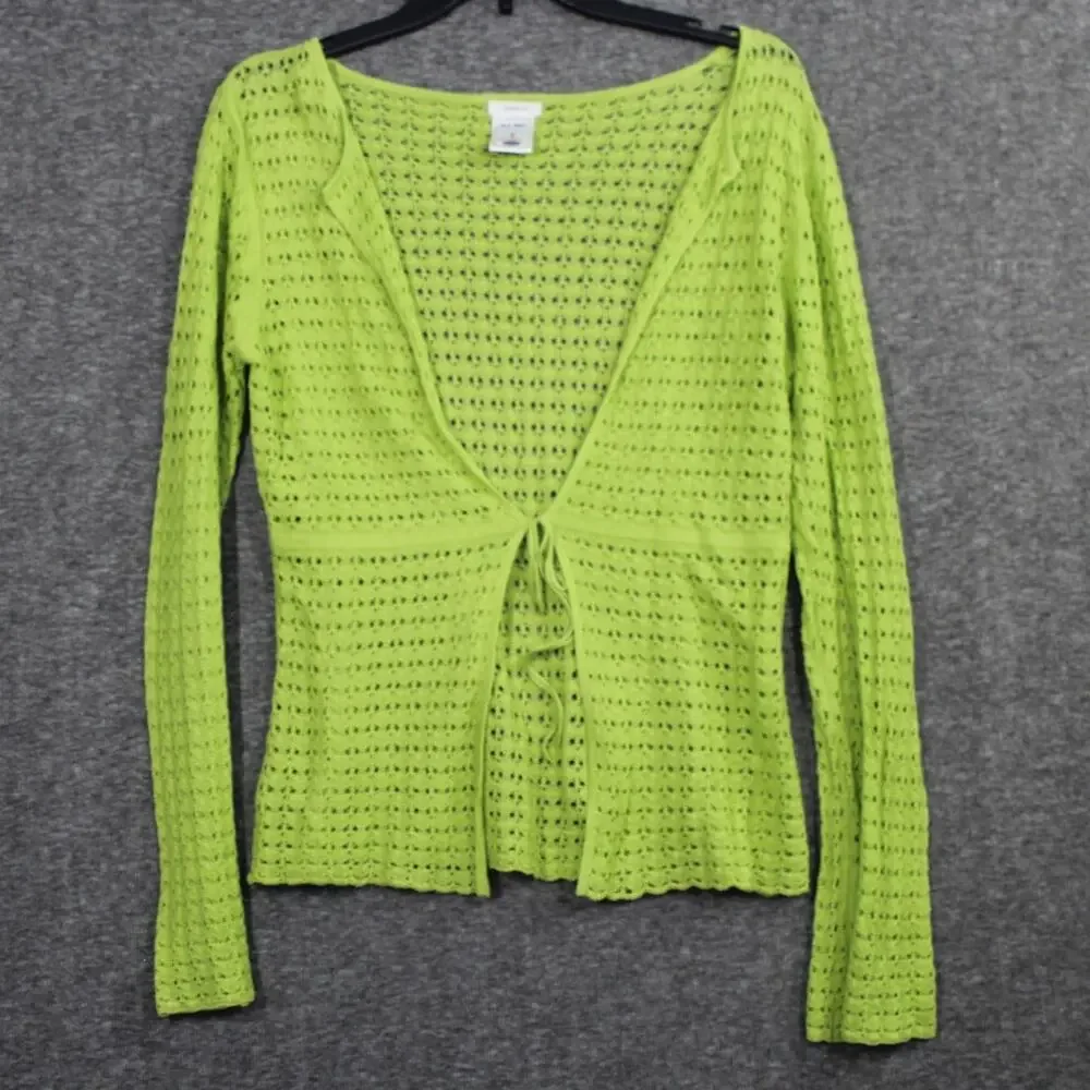 VTG Y2k Old Navy Crochet Open Knit Tie Front Cardigan Green Hallow Knit Medium